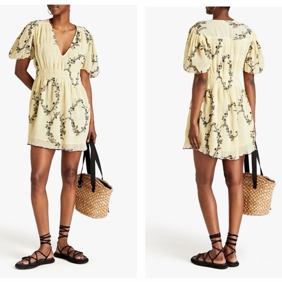 Nwot Ganni Pale Yellow Floral Pleated Georgette Mini Dress - Picture 2 of 3